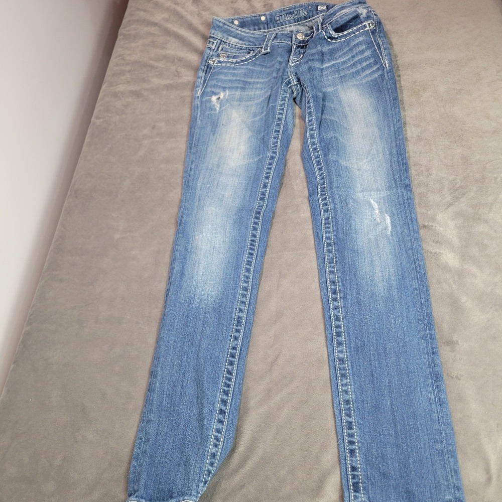 Miss Me Skinny Jeans JP5109SK-2 Blue Fleur De Lis Embellished Low Rise Womens 25 - Picture 4 of 11